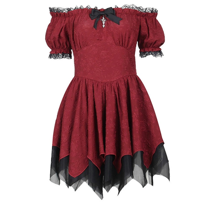 Women Gothic Lace Trim Puff Sleeve Mini Dress High Waist Corsets Vintage Aesthetic Off Shoulder A-Line Floral Dresses  Red L | Fruugo SG