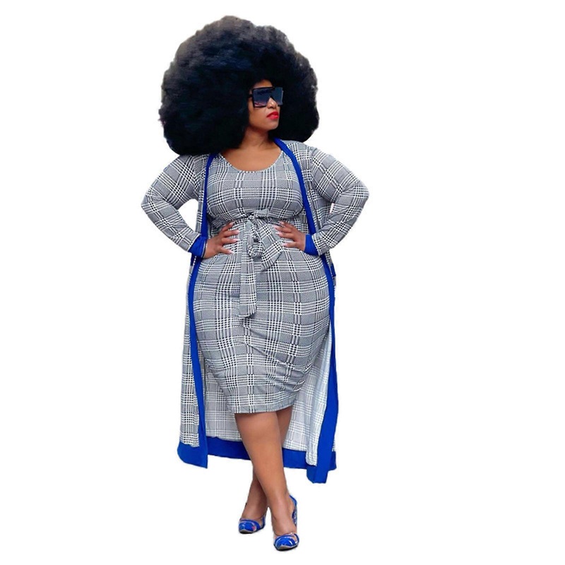 Women’s Sexy Plaid Bodycon Dress Suits Set Long Kimono Cardigan Strap for Tank Midi Dress 2 Piece Outfits Clubwear  Blue XL | Fruugo SG