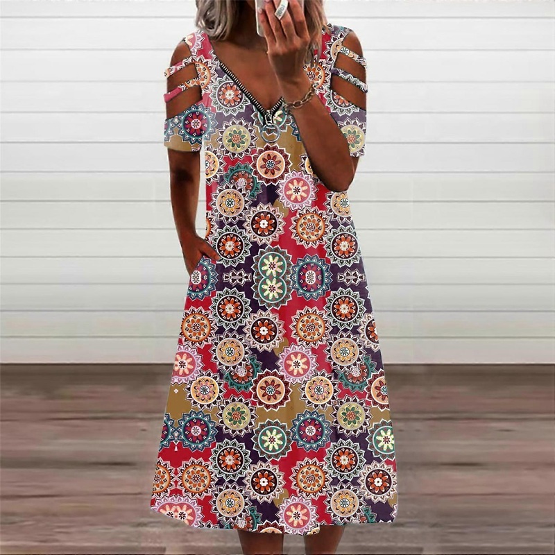 Women’s Summer Floral Print Cross V Neck Dress Bohemian Flowy Long Maxi Dresses, Red (5XL) | Fruugo SG