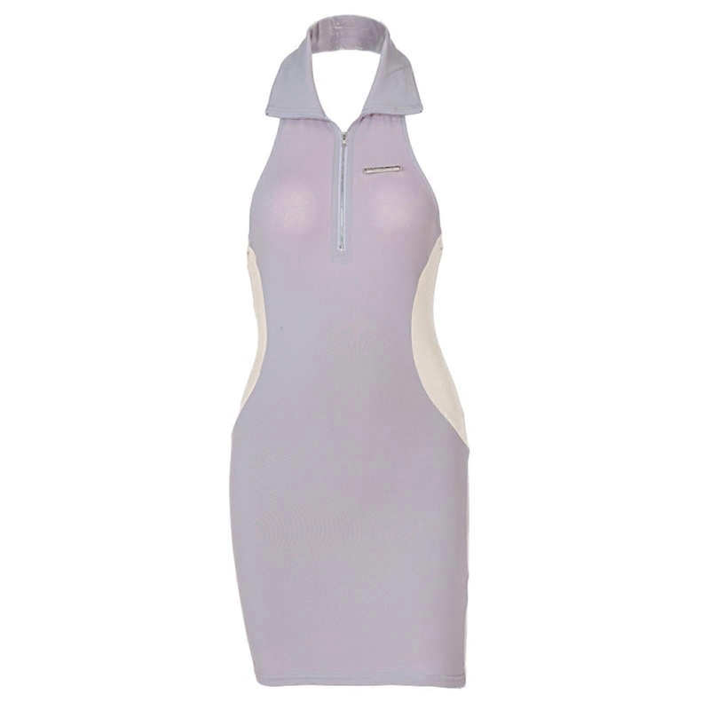 Women Summer Sleeveless Sexy Halter Lapel Collar Zip Up Mini Bodycon Dress Colorblock Patchwork Backless Package Hip Party Clubwear  Purple S | Fruugo SG