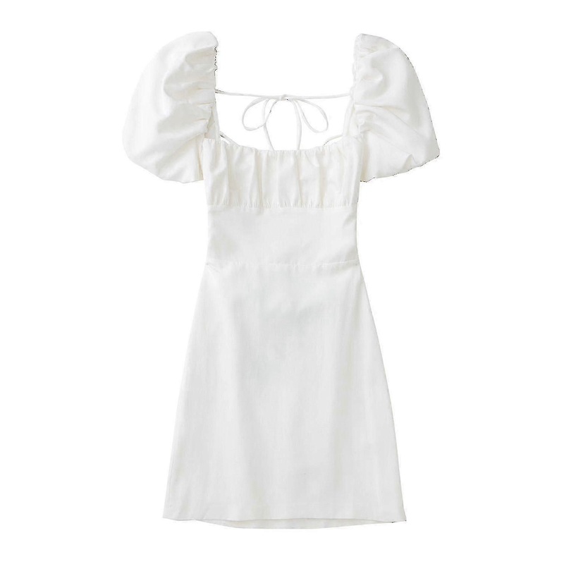 Women White Fashion Linen Blend Dress Female Square Neck Short Puff Sleeves Backless Crossover Strap | Fruugo SG