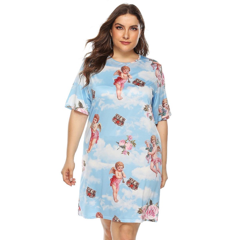 Womens Angel Print Summer Dress Plus Size Dress Short Sleeves Dress Loose Lounger House Dress Casual T-shirt Dress Gift  Blue XL | Fruugo SG