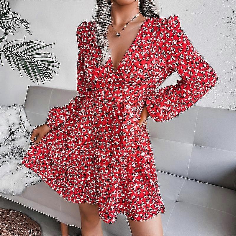 Womens Deep V Neck Ruffle Sleeve Fl Print Mini | Fruugo SG