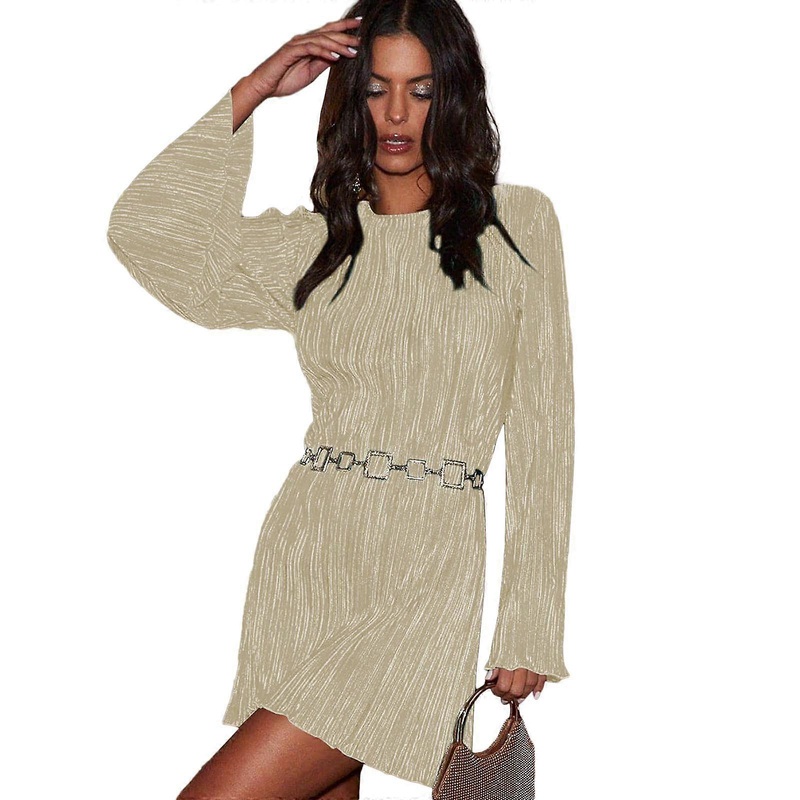 Womens Elegant Dress Solid Color Long Sleeve Sexy Evening Party Dresses O-neck Wrap Belted Dress Elegant Vestidos  apricot XL | Fruugo SG