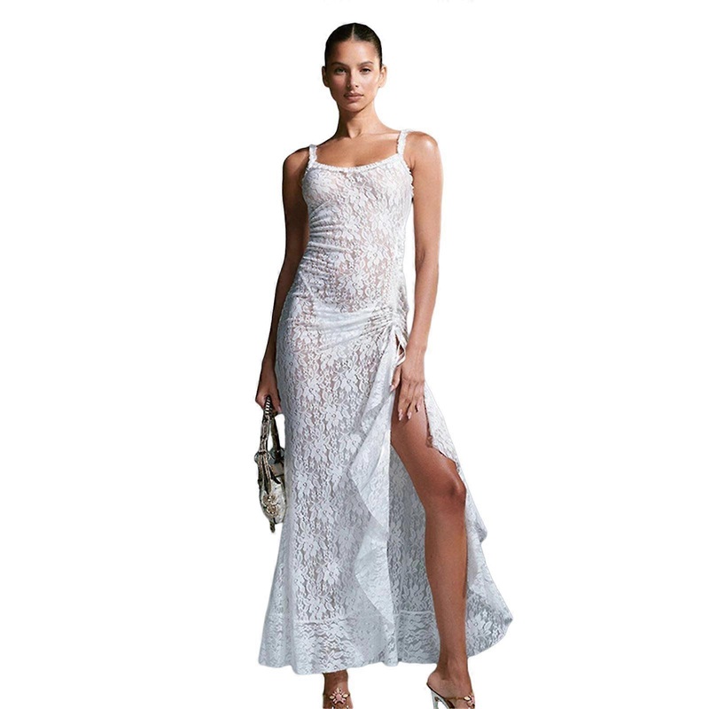 Womens Full Lace Thin Shoulder Straps Split Ruffle Bodycon Long Dress Sexy Backless Tied See Through Slim Cover Up Dress  White S | Fruugo SG