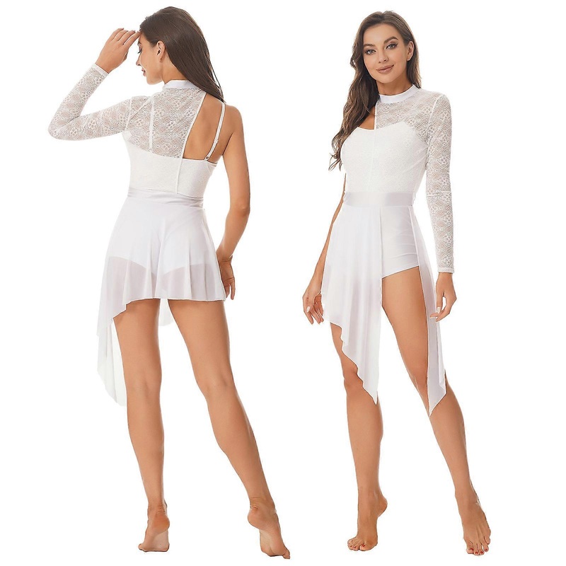 Womens Lace Patchwork Ballet Lyrical Dance Dress Gymnatics Leotard Figure Skating Dress Split See-through Mesh Dance Dresses | Fruugo SG