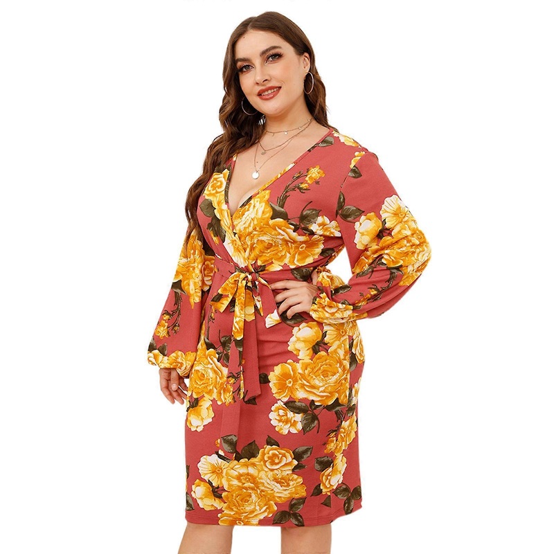 Womens Plus Size Puff Long Sleeve V Neck Wrap Floral Print Belted Waist Beach Party Midi Pencil Dress Cocktail Clubwear  Red XXL | Fruugo SG