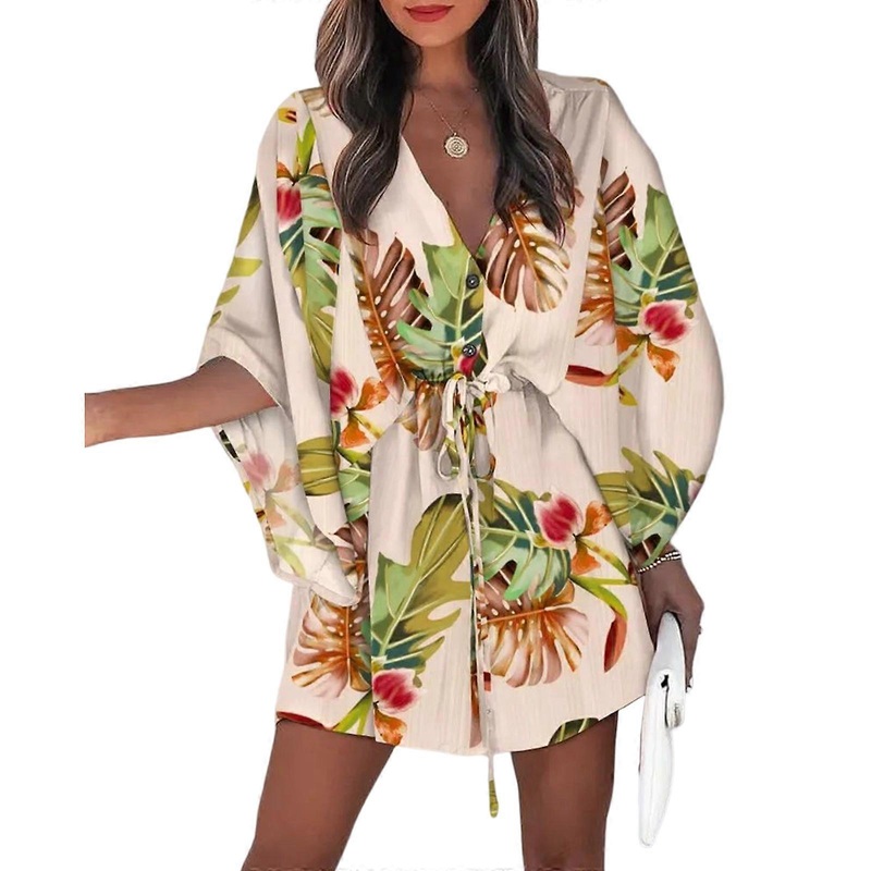 2023 Summer Beach Women Dresses Sexy V-Neck Lace-up Floral Print Mini Dress Casual Flared Sleeves Ladies Short Dresses  XL | Fruugo SG