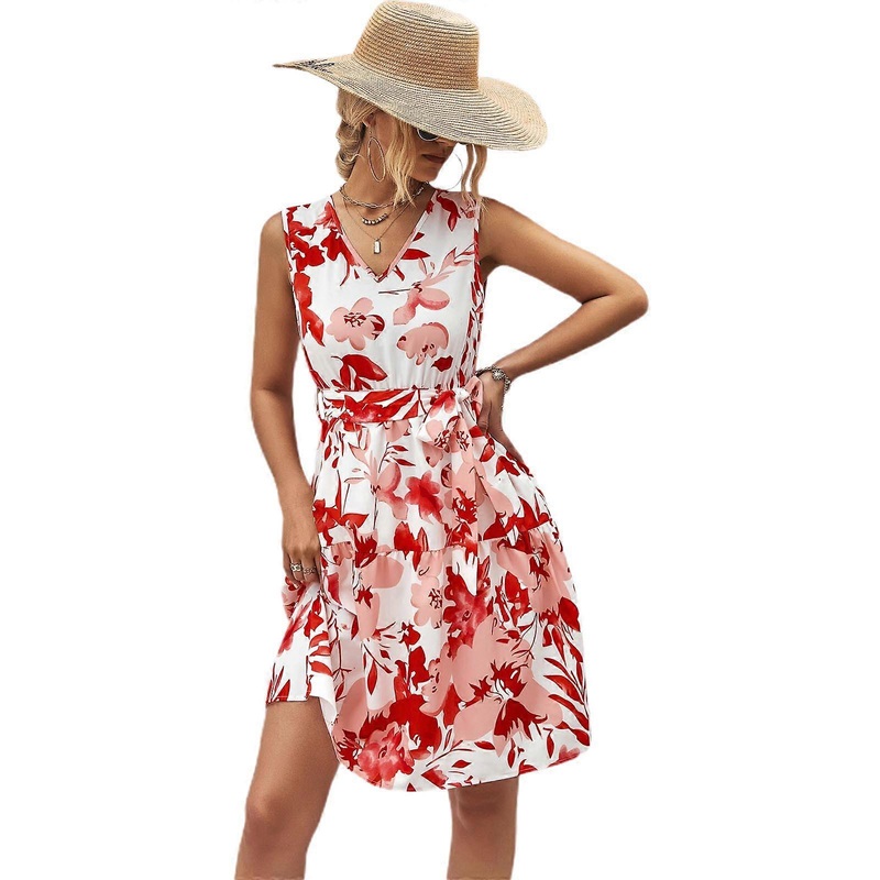 2023 Summer Knee Length V-neck Dress Sleeveless Waist Strap Dresses Bohemian Floral Print Women Dresses for Girls  Red XL | Fruugo SG