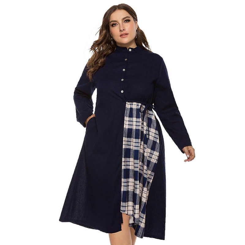 Button O Neck Women Midi Dress Long Sleeve Drawstring Waist Flowy Irregular Plaid Print A-Line Casual Office Streetwear  Navy Blue XL | Fruugo SG