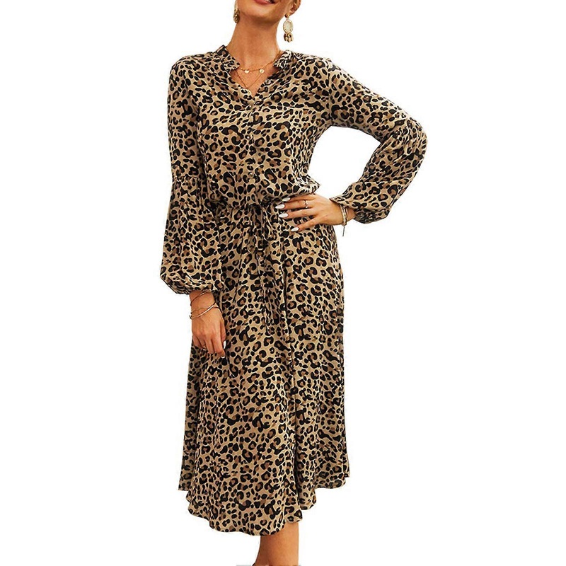 Dress Leopard Stand Collar Floral Print Long Lantern Sleeve Medium Length Dress for Lady Khaki M_-sy_-sy | Fruugo SG