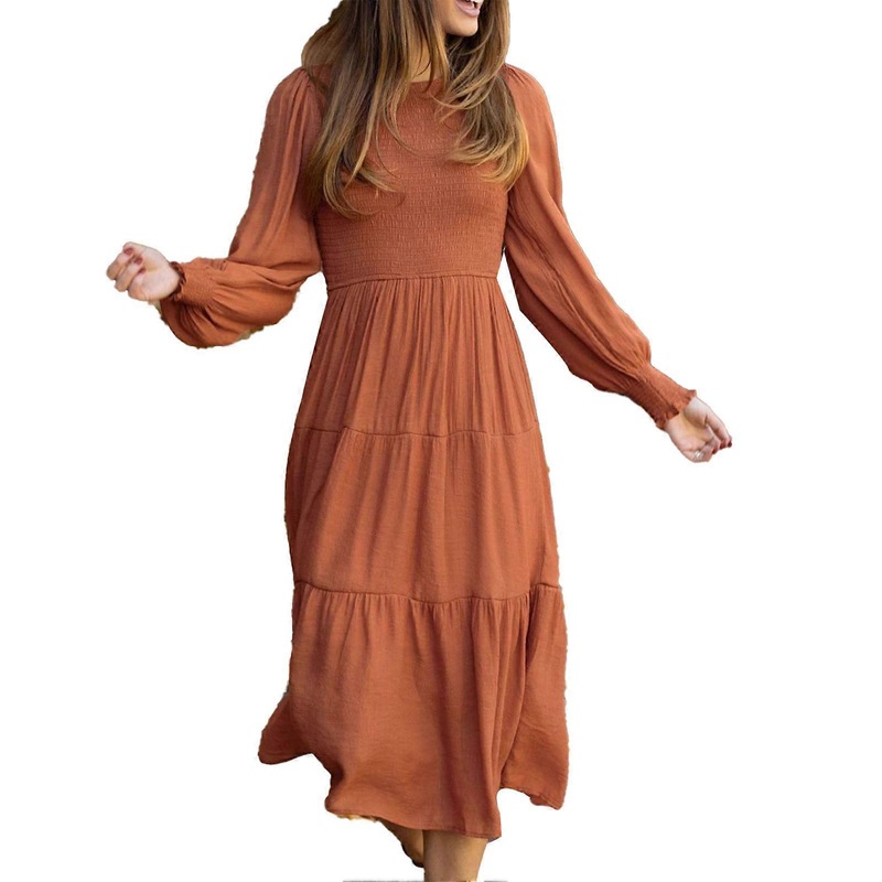 Dress Shirred Bust Cuff Plain Lantern Sleeves Stylish Comfortable Mid Length Women Dress Khaki S_-sy_-sy | Fruugo SG