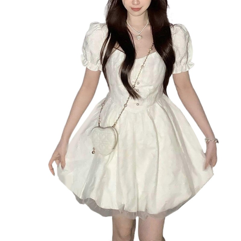 Elegant Women’s Puff Sleeve Dress Solid Mesh Splicing A Line Swing Short Dresses for Daily Wear  White XL | Fruugo SG