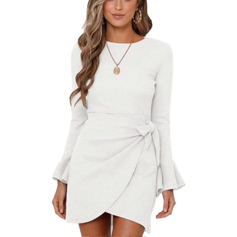 Flared Long Sleeve Bow Belted Dress Round Neck Slim Fit Bodycon Waffle Knit High Waist Midi Dress for Party Beige S_-sy_-sy | Fruugo SG
