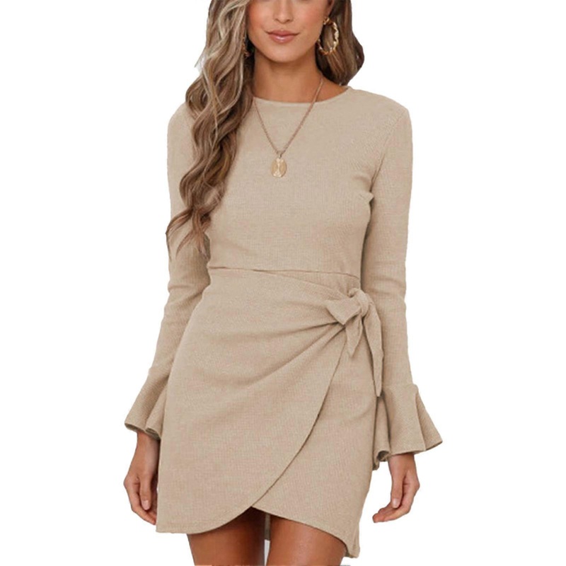 Flared Long Sleeve Bow Belted Dress Round Neck Slim Fit Bodycon Waffle Knit High Waist Midi Dress for Party Khaki L_-sy_-sy | Fruugo SG
