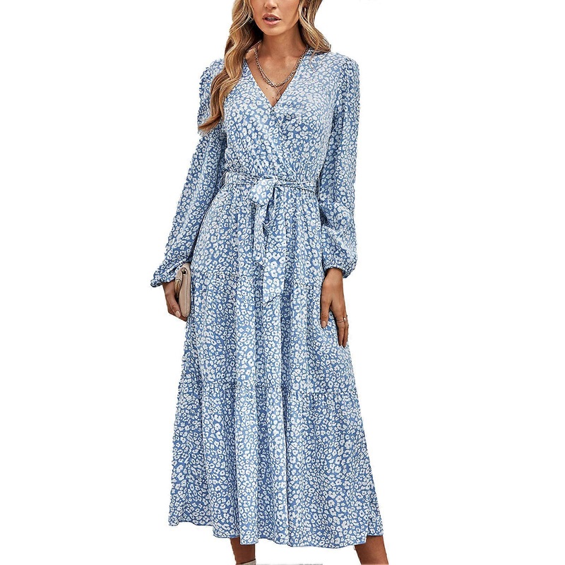 Floral Long Sleeve Dress Wrap V Neck Swing Hem Belted High Waist Women’s Maxi Dress for Autumn Blue S_-sy_-sy | Fruugo SG