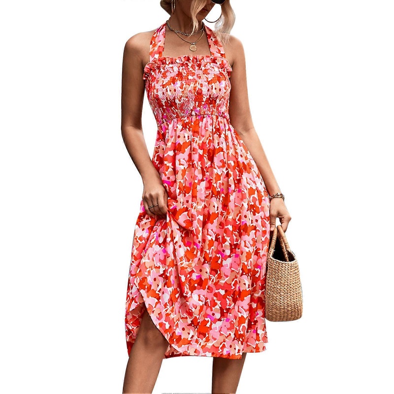 Floral Ruffle Dress Printed Halter Neck Backless Ruffle Hem Shirred Women Summer Dress Pink S_-sy_-sy | Fruugo SG