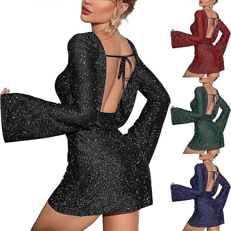 Women’s Backless Flounce Sleeve Sparkling Mesh Mini Dress Chic And Glamorous | Fruugo SG