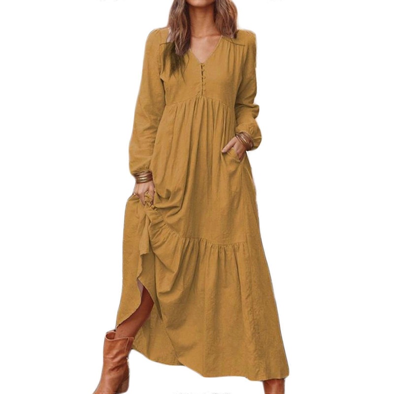 Women’s Button V Neck Long Dress Casual Loose Long Sleeve Dress Cotton and Linen Vintage Flowy Tiered Maxi Dress Gifts  yellow brown XL | Fruugo SG