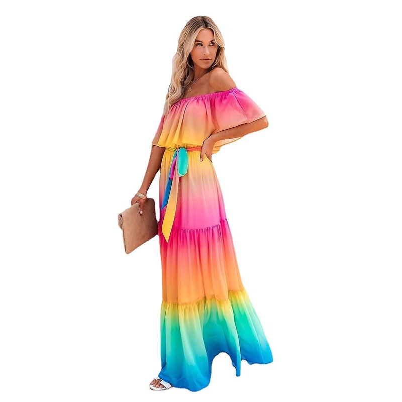 Women’s Fashion Rainbow Off Shoulder Tiered Maxi Dress Womens Wedding Guest Dress | Fruugo SG