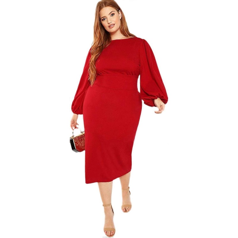 Women’s Plus Size Round Neck Long Lantern Sleeve Bodycon Belted Dress | Fruugo SG