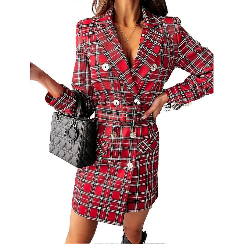 Women’s Red Plaid Blazer Dress with Belt | Fruugo SG