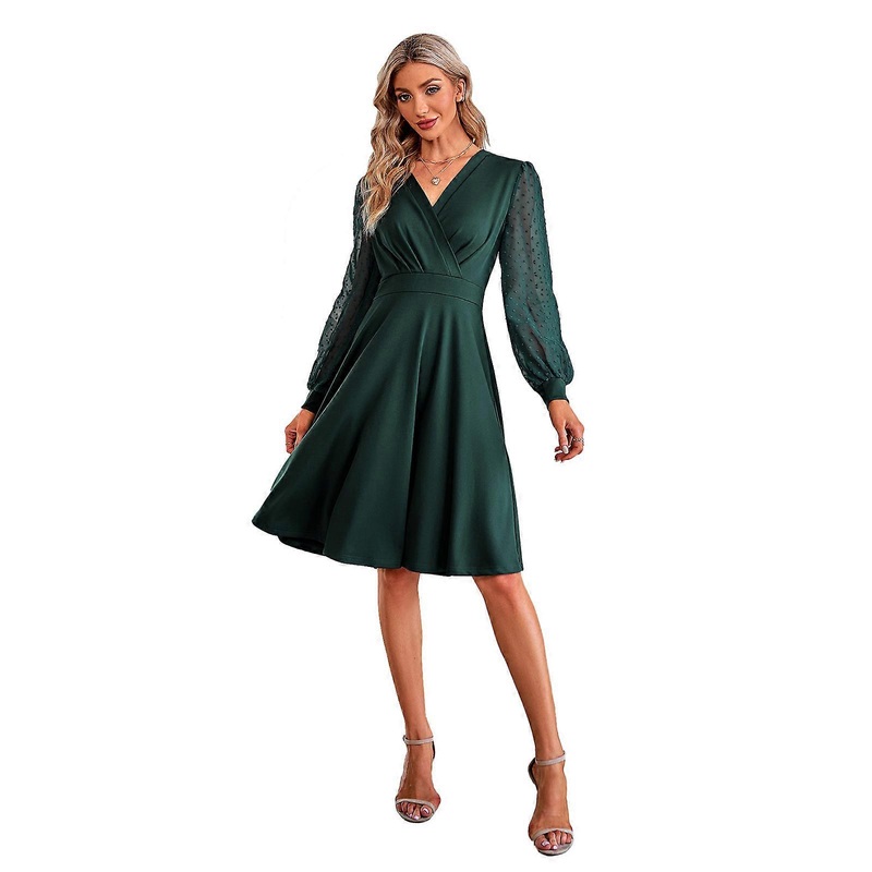 Women Swiss-Dot Chiffon Splicing Long Sleeve Casual Loose Swing A-Line Dress Solid Color Wrap V-Neck High Waist Dresses  Green XL | Fruugo SG