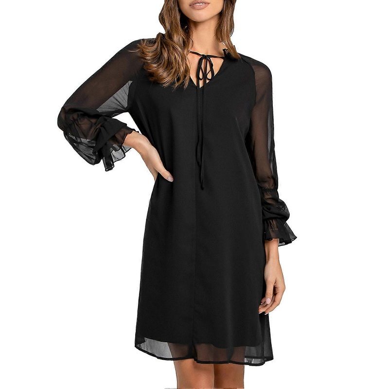 Women Tie Neck Dress Ruffled Long Sleeves V Neck Straight Swing Midi Dress for Parties Work Shopping Black L_-sy_-sy | Fruugo SG