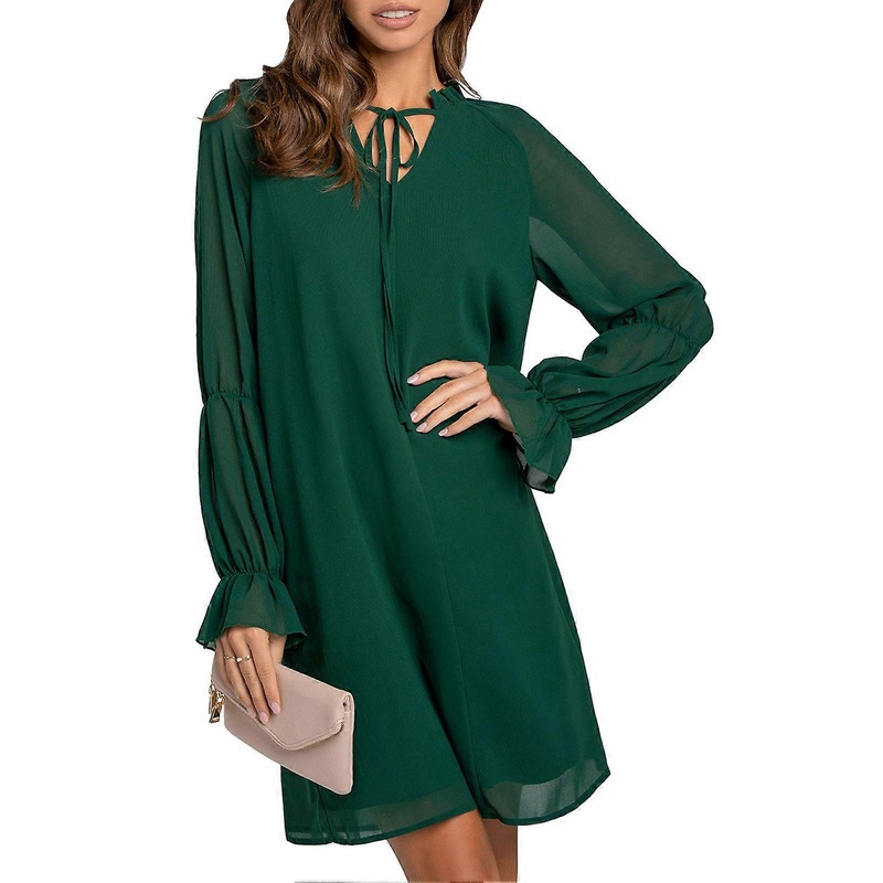 Women Tie Neck Dress Ruffled Long Sleeves V Neck Straight Swing Midi Dress for Parties Work Shopping Green M_-sy_-sy | Fruugo SG
