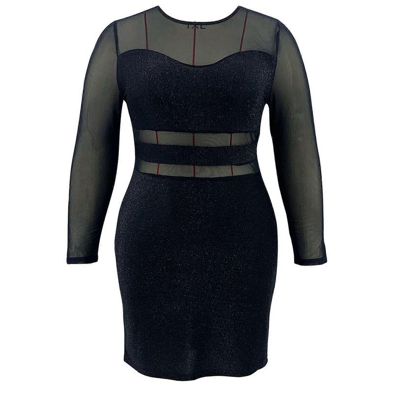 Womens Crewneck Glitter Mini Dress Solid Color Short Length Long Sleeve See Through Mesh Patchwork Slim Fitted Clubwear  Black XL | Fruugo SG