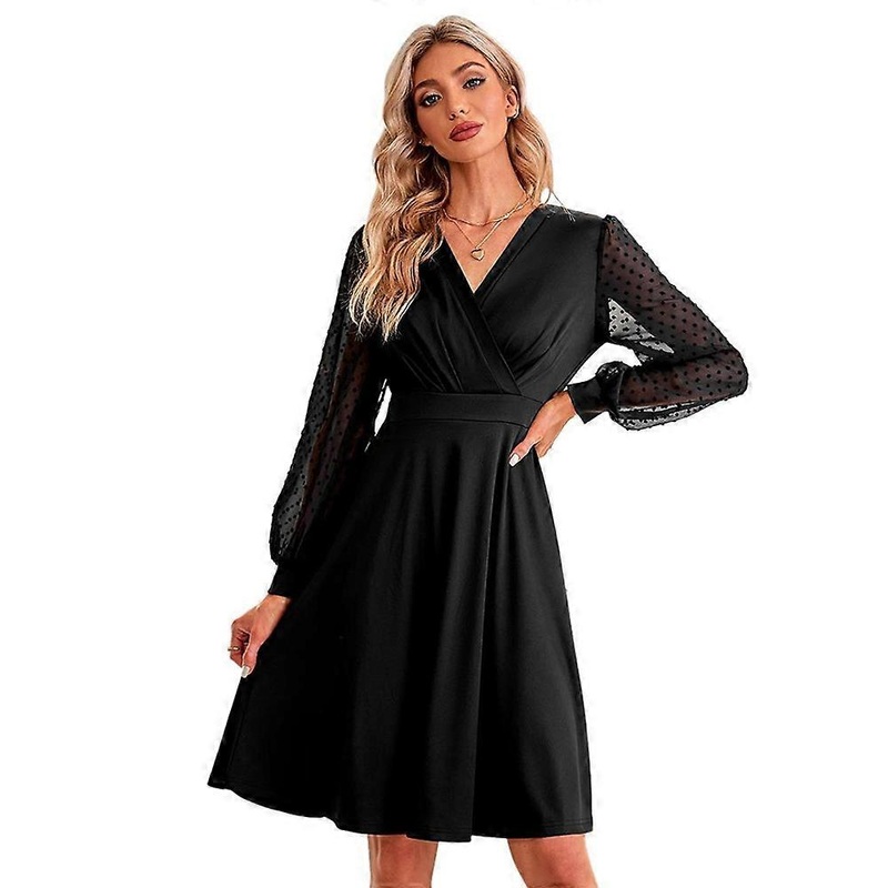 Womens Dress Long Sleeves V NeckMini Dress Swiss Dot High Waist Chiffon Casual Dress with Belt style1 | Fruugo SG