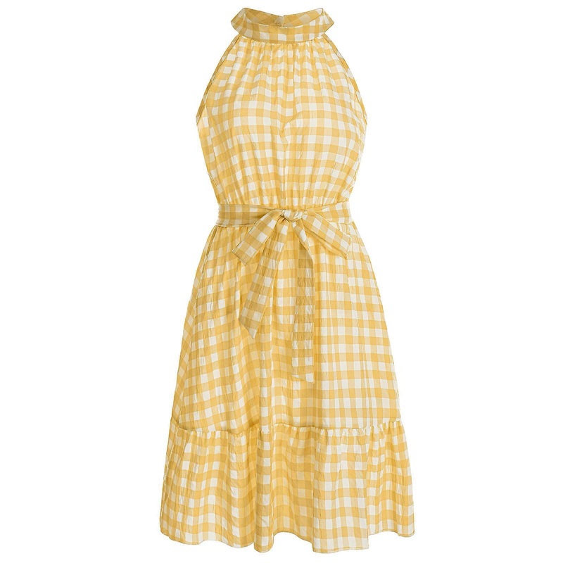 Womens Hanging Neck Belted Midi Dress Plaid Print Above Knee Length Flared Party Vacation Bohemian Flowy for Tank Sundre  Yellow XL | Fruugo SG