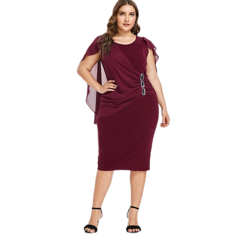 Womens Short Sleeve Cape Dress with Chiffon Overlay Bodycon Pencil Dress Solid Color for Rhinestone Ruffles Party Clubwe  Burgundy XL | Fruugo SG