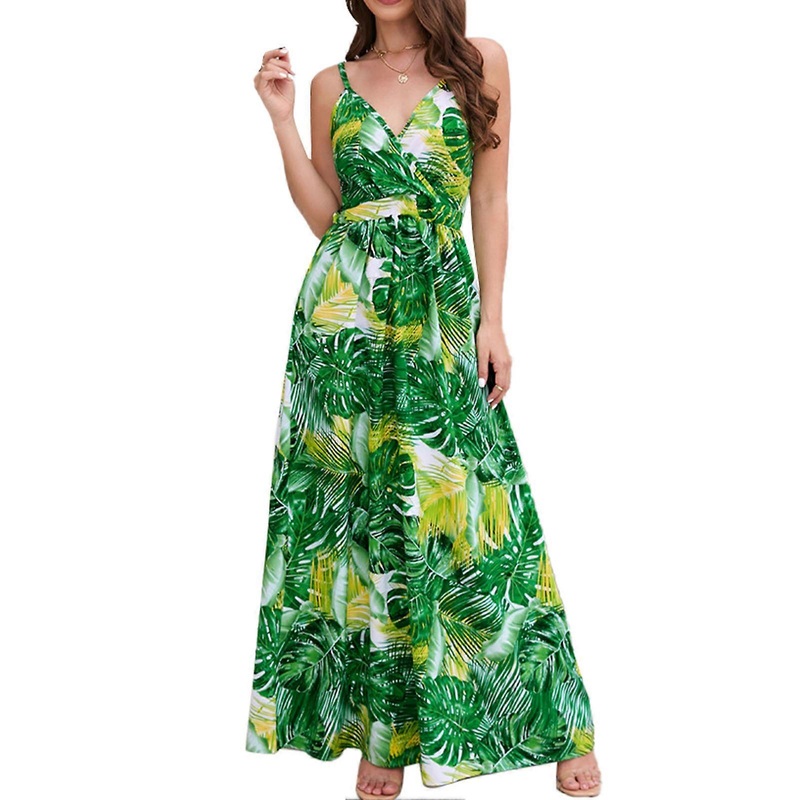 Womens Slip Dress Bohemian Style Spaghetti Strap V Neck High Waist Flower Prints Maxi Dress for Party Wedding Travel Grass Green XL_-sy_-sy | Fruugo SG