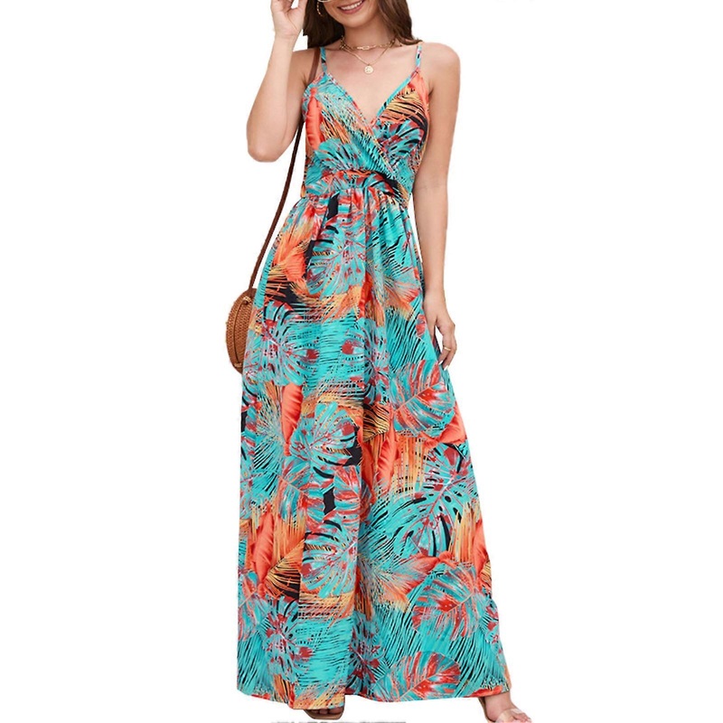 Womens Slip Dress Bohemian Style Spaghetti Strap V Neck High Waist Flower Prints Maxi Dress for Party Wedding Travel Orange XL_-sy_-sy | Fruugo SG