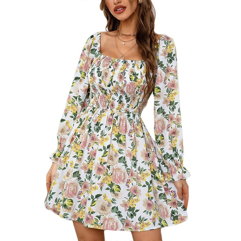 Womens Summer Casual Mini Dress Ruffle Long Sleeve Square Neck A-line Dress Bohemian Floral Print Flowy Smocked Dresses  White XL | Fruugo SG