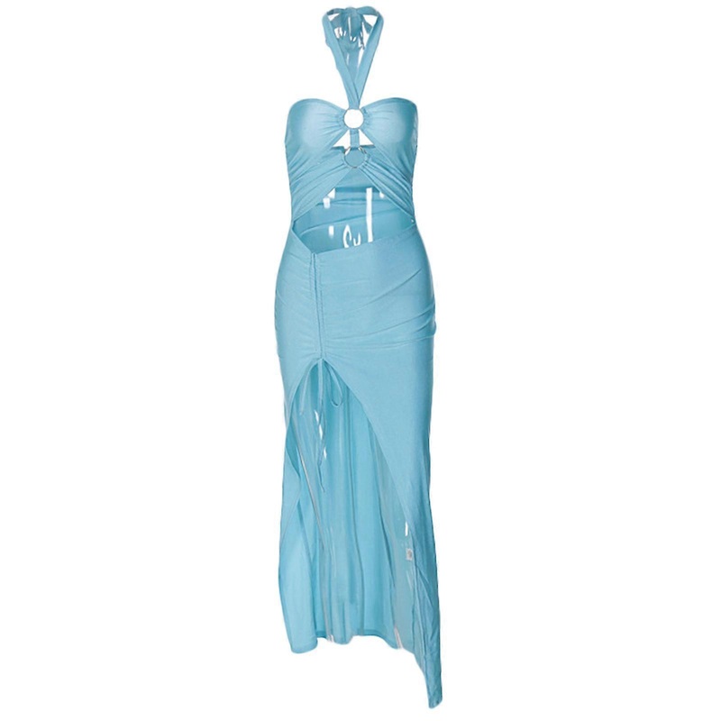 Womens Summer Sleeveless Side Thigh Split Ruched Drawstrings Bodycon Dress Sexy Halterneck Backless Cut Out Long Dresses  Blue S | Fruugo SG