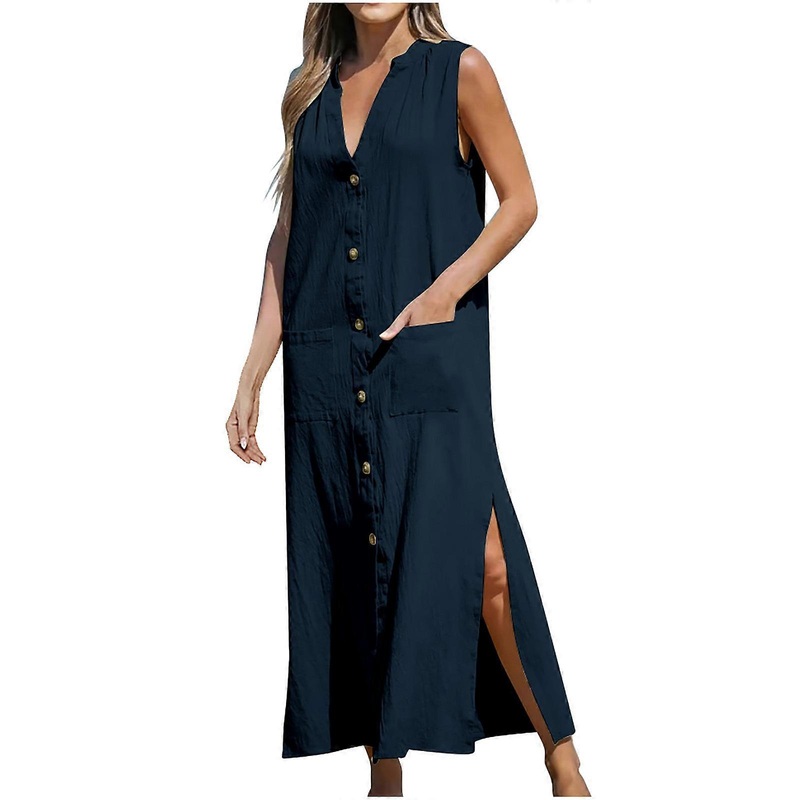 Womens V-neck Dress Summer Dress Fashion Button Front Dress Female Sleeveless Casual Dress Holiday Dress for Streetwear  Navy Blue XL | Fruugo SG