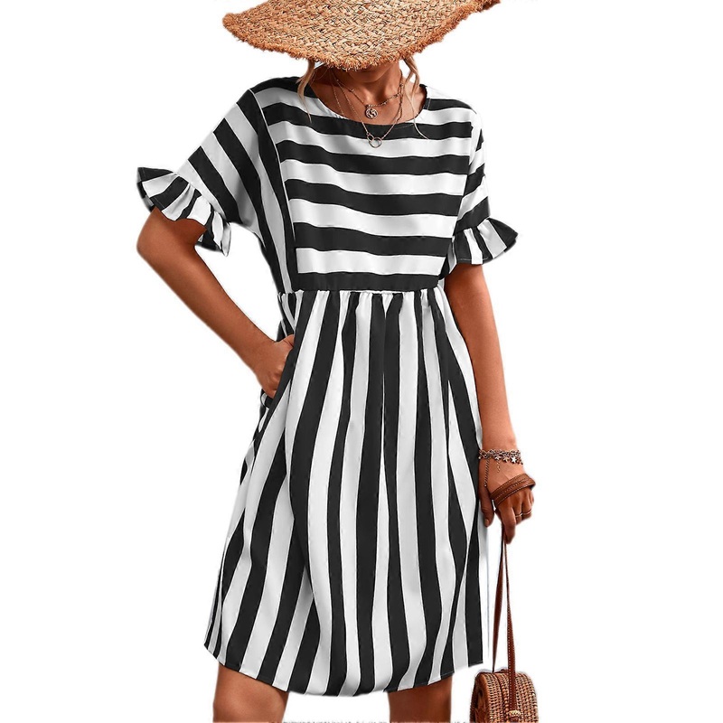 Black Striped A-Line Midi Dress – Stylish Ruffle Short Sleeve Flowy Summer Fashion, S | Fruugo SG