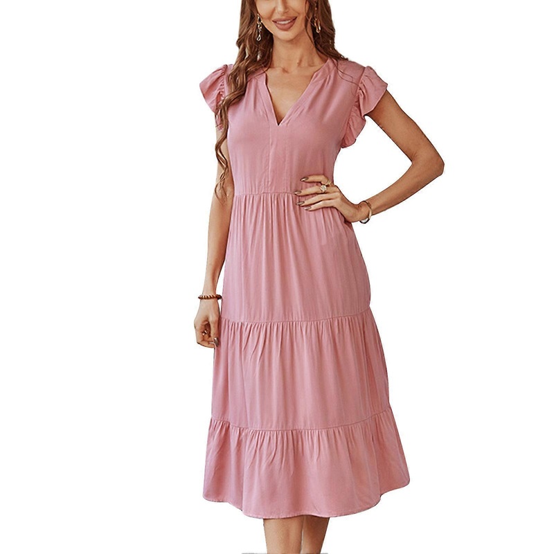 Elegant Pink Ruffle Tiered Midi Dress – V-Neck Flutter Sleeve A-Line Pure Color Summer Fashion, XL | Fruugo SG