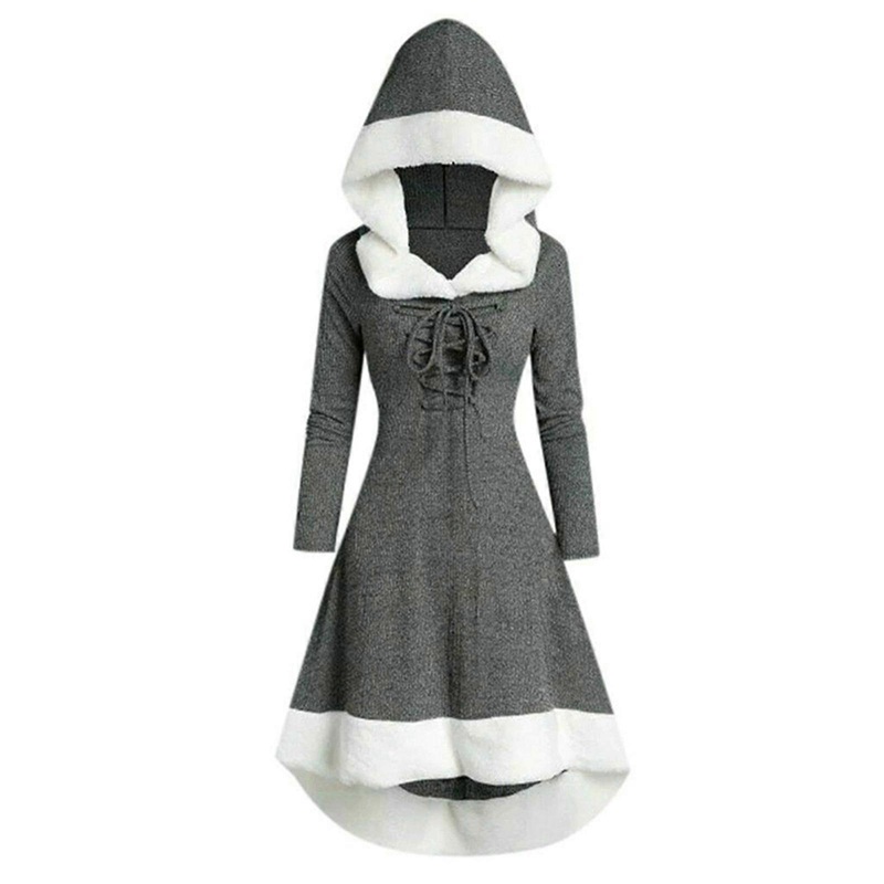 Women’s Christmas Hood Lace Up Midi Dress Pullover With Irregular Hem And Long Sleeves | Fruugo SG