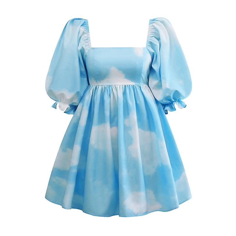Women’s Floral Print Square Neck Puff Short Sleeve High Rise Flare Dress | Fruugo SG
