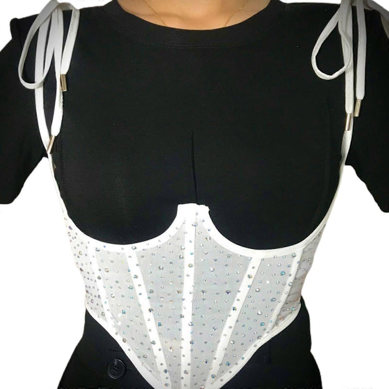 Women’s Sequin Lace Up Tie Back Bustier Corset Sheer Mesh Cincher Wide Belt  S White | Fruugo SG