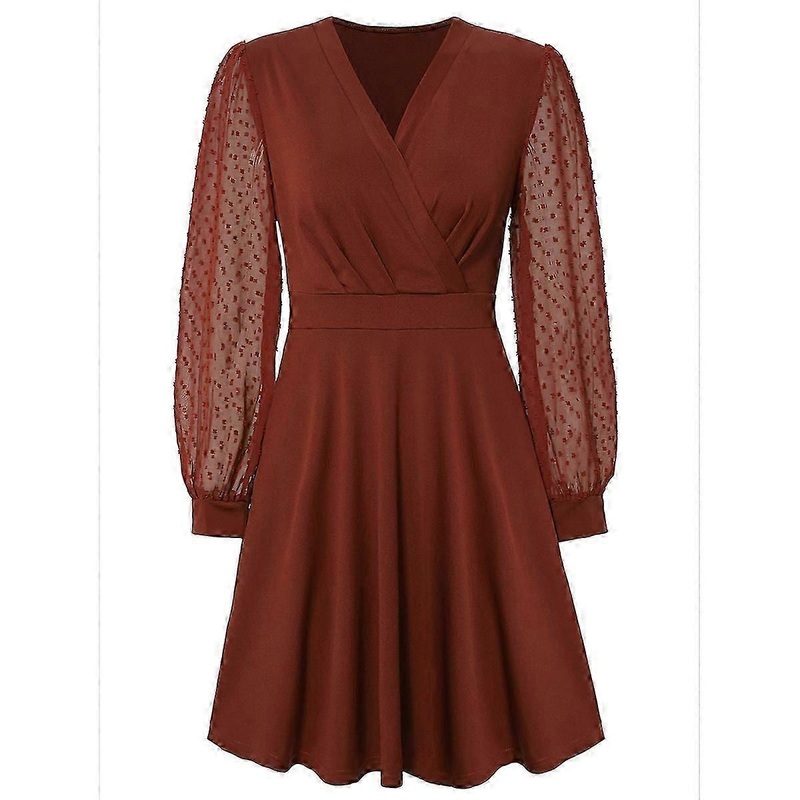 Women V Neck Smocked Short Dress Caramel L | Fruugo SG