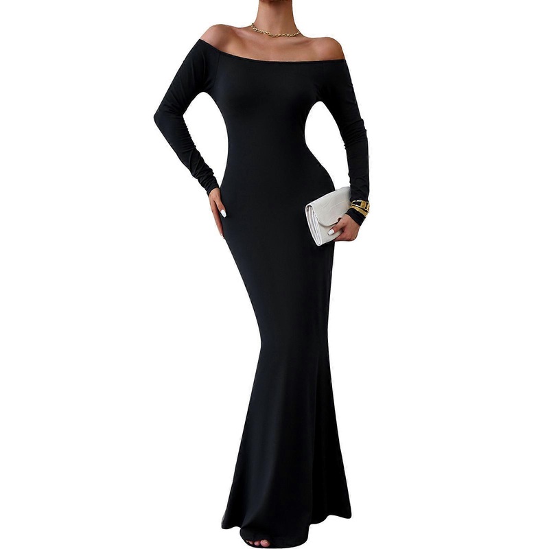 Womens Fall Long Sleeve Bodycon Dress Casual Maxi Dress Solid Color Off Shoulder Long Dress for Party Club  Black S | Fruugo SG