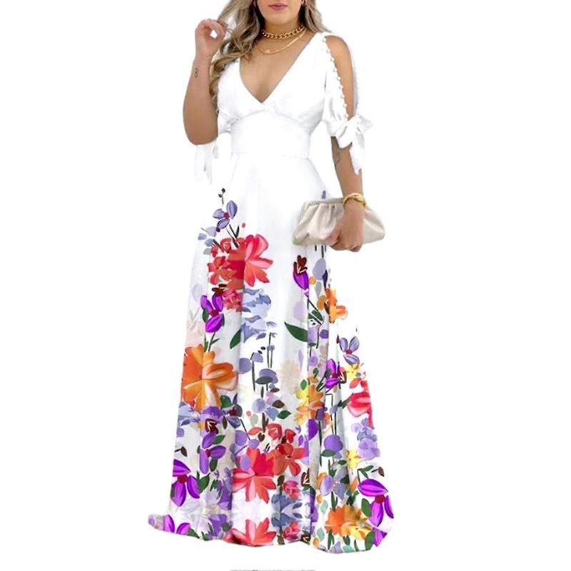 Womens Floral Dress Wedding Guest Long Dress Ladies Elegant Deep V-neck Cocktail Dress | Fruugo SG