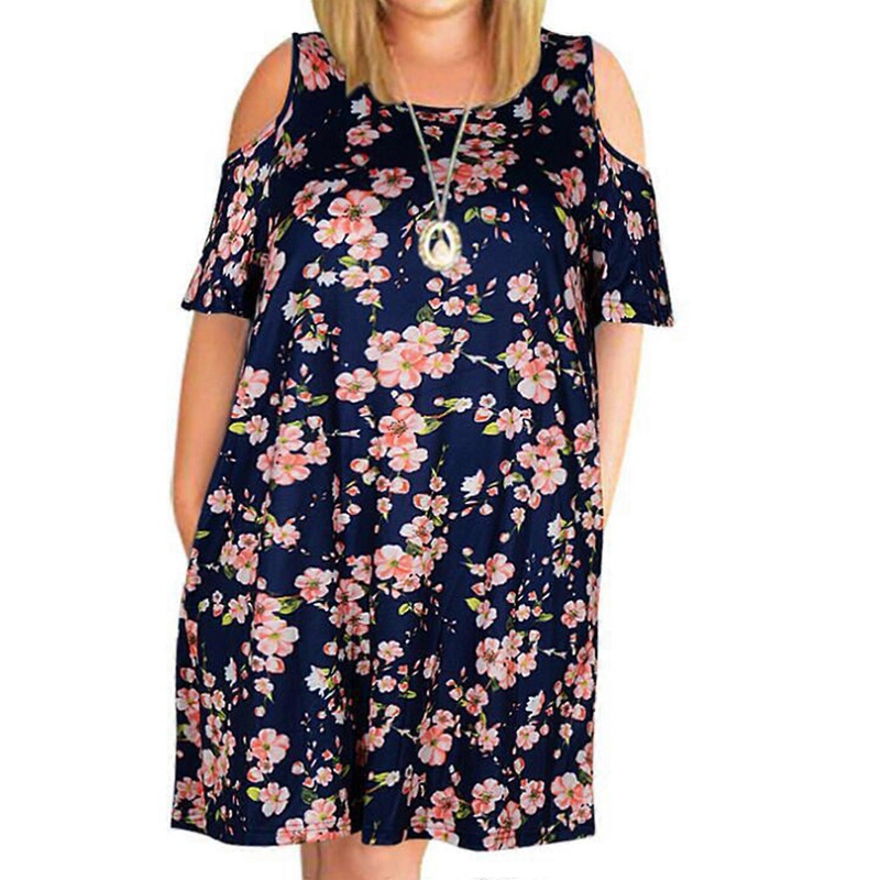 Womens Round Neck Loose Midi Long Swing Dress Short Sleeve Off Shoulder Colorful Floral Printed A-Line Beach Sundress  Navy Blue XXXL | Fruugo SG