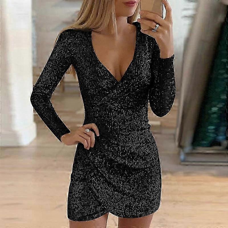 Womens Sparkly Sequin Short Dress Deep V-neck Long Sleeved Elegant Party Sheath Dress for Holiday Prom Evening New | Fruugo SG