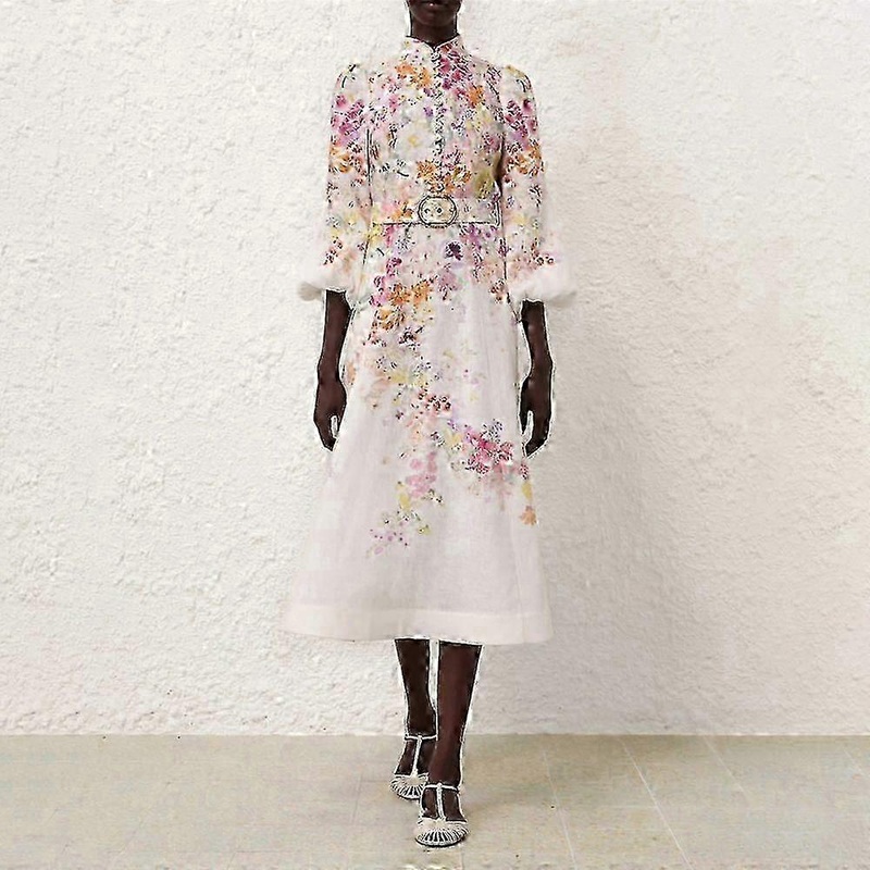 Zim Style Natura Buttoned Belted Printed Linen Midi Dress for Women | Fruugo SG