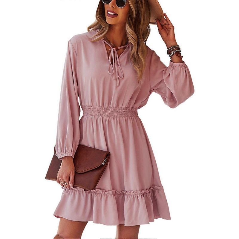 A Line Dress Pure Color Long Sleeve V Neck Elastic Waist Ruffled Hem Dress for Women Pink L | Fruugo SG